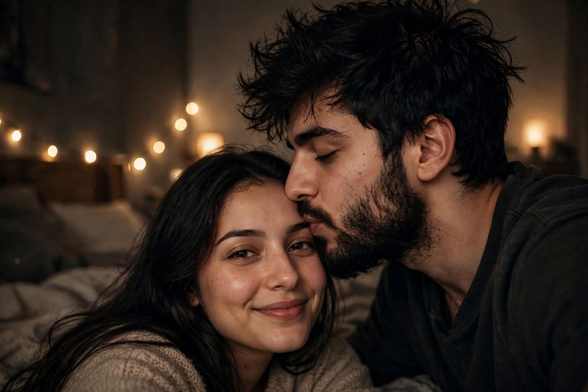 Romantic Couple Forehead Kiss Selfie