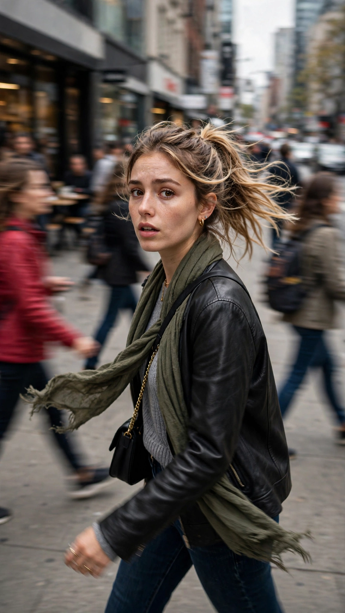 Rushed Sidewalk Look-Over-Shoulder