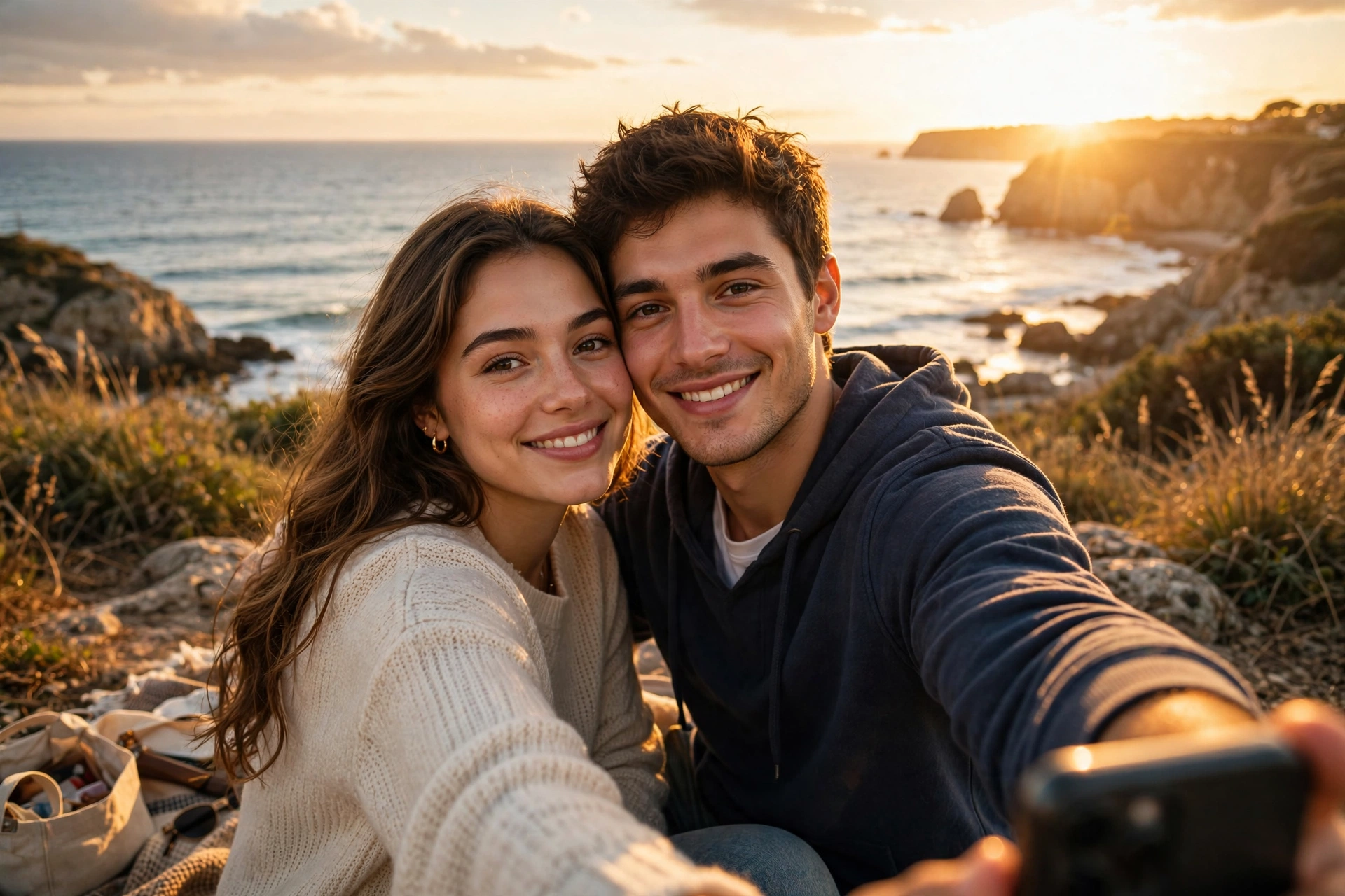 Seaside Golden Hour Couple Selfie Prompt