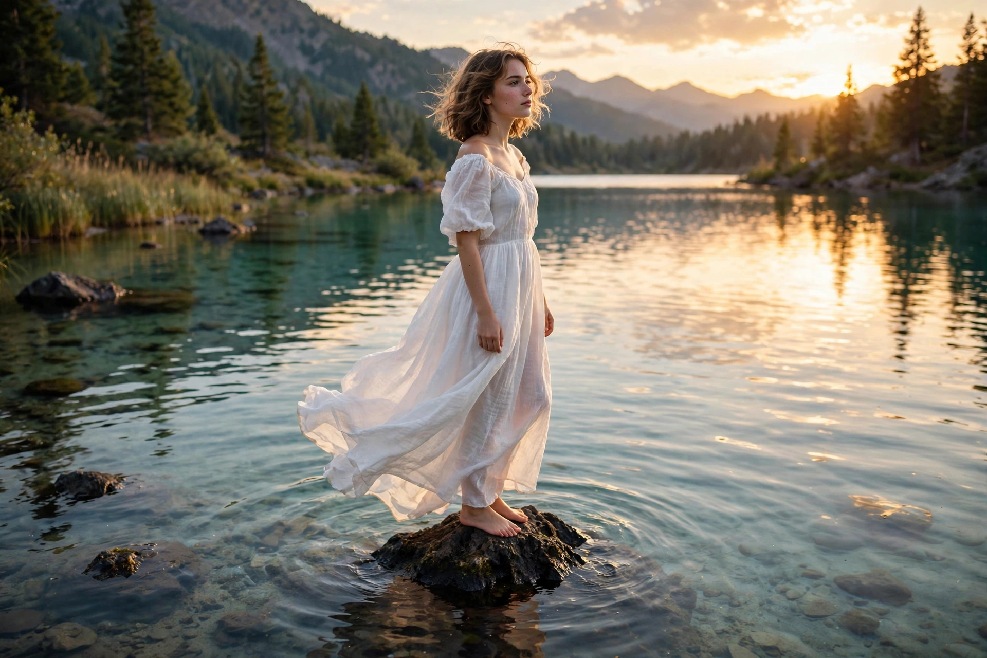 Sunset Lakeside White Dress Portrait