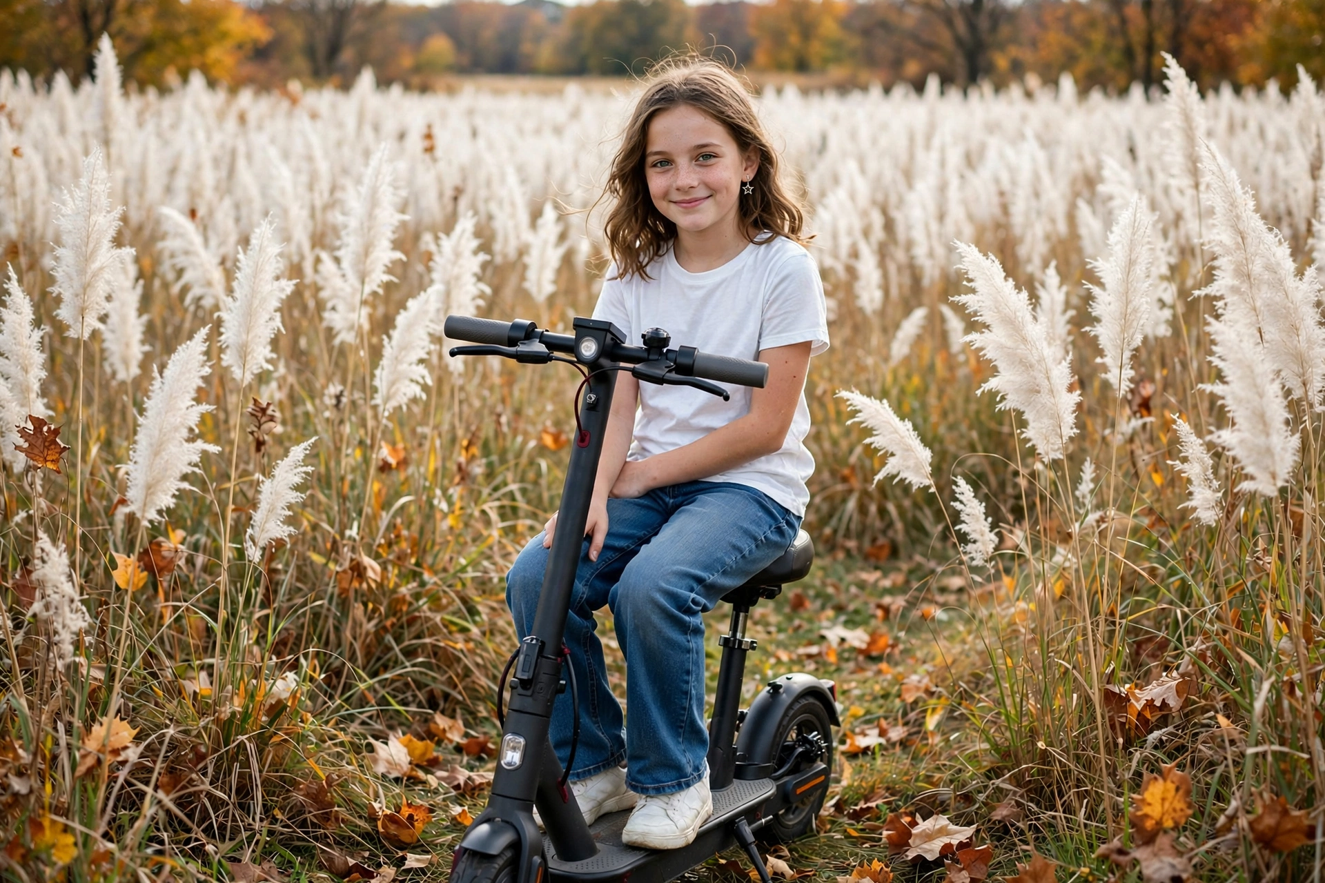 Young Girl Sitting on a Black Scooter