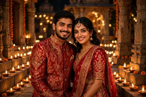 Diwali Couple Portrait Matching Red Gold