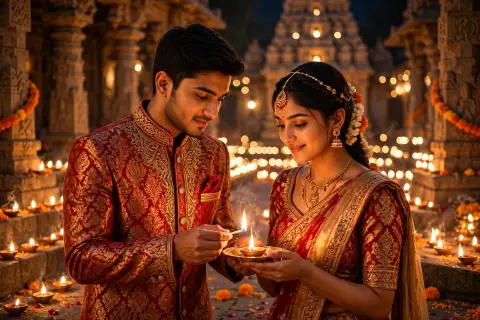 Diwali Couple Portrait Matching Red Gold