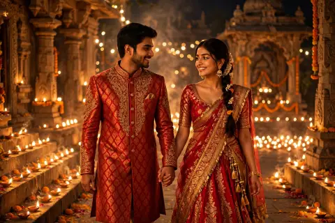 Diwali Couple Portrait Matching Red Gold