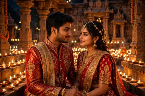 Diwali Couple Portrait Matching Red Gold