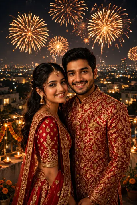 Diwali Couple Portrait Matching Red Gold