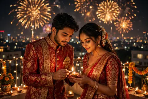Diwali Couple Portrait Matching Red Gold