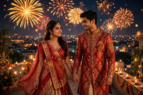Diwali Couple Portrait Matching Red Gold