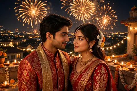 Diwali Couple Portrait Matching Red Gold
