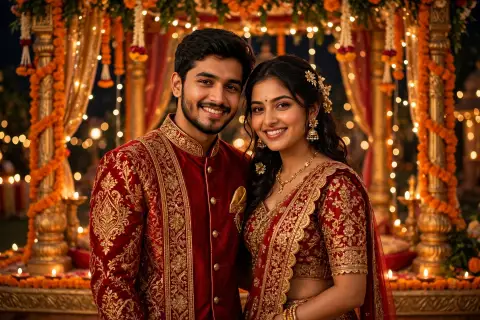 Diwali Couple Portrait Matching Red Gold