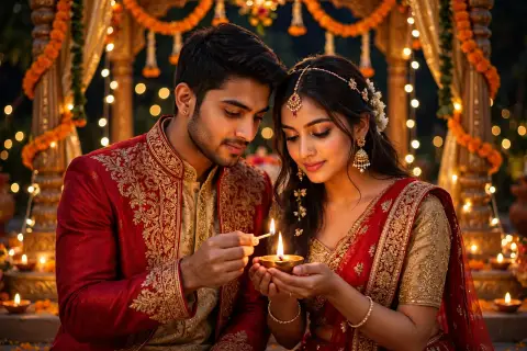 Diwali Couple Portrait Matching Red Gold