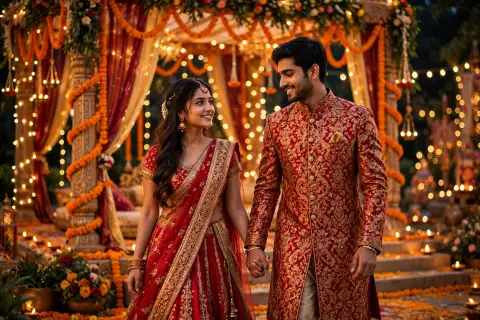 Diwali Couple Portrait Matching Red Gold