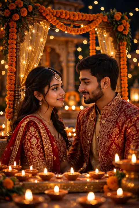 Diwali Couple Portrait Matching Red Gold