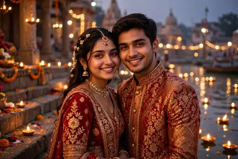 Diwali Couple Portrait Matching Red Gold