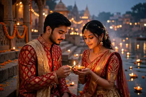 Diwali Couple Portrait Matching Red Gold