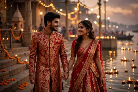 Diwali Couple Portrait Matching Red Gold