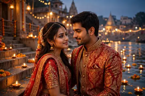 Diwali Couple Portrait Matching Red Gold
