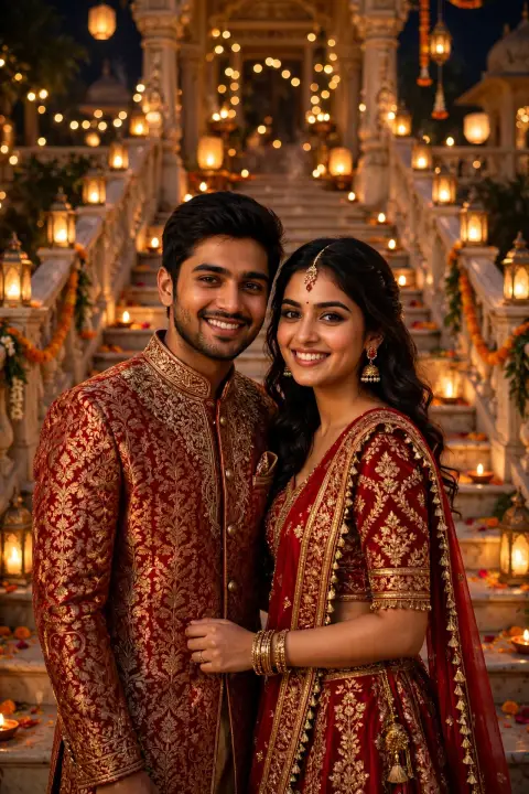 Diwali Couple Portrait Matching Red Gold