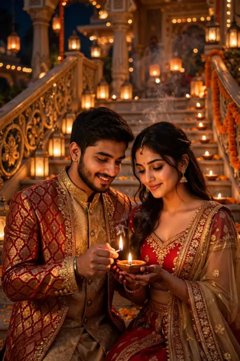 Diwali Couple Portrait Matching Red Gold