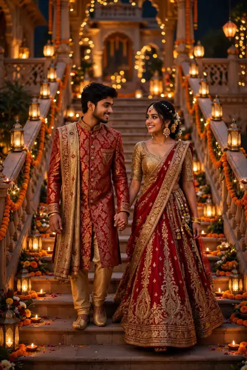 Diwali Couple Portrait Matching Red Gold