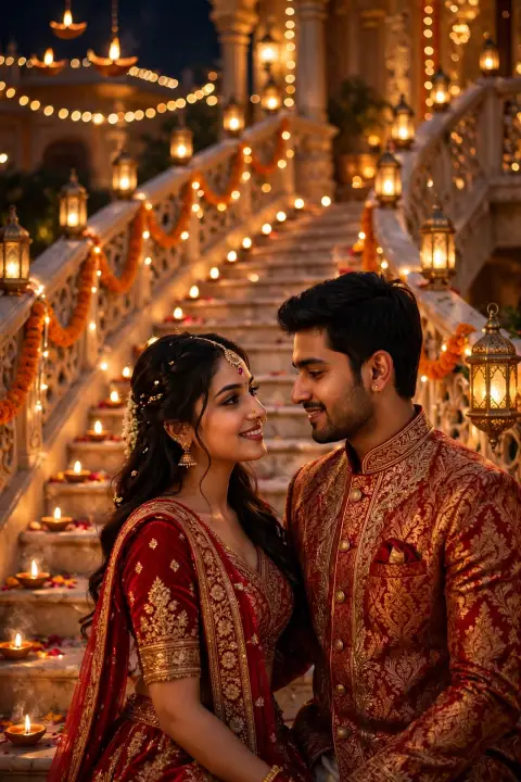 Diwali Couple Portrait Matching Red Gold