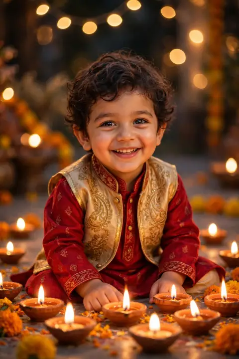 Diwali Kid Portrait Red Kurta