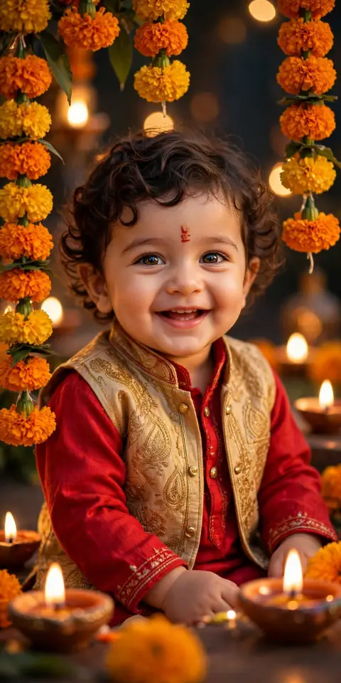 Diwali Kid Portrait Red Kurta