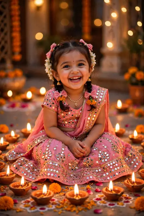 Diwali Kid Portrait Pink Lehenga