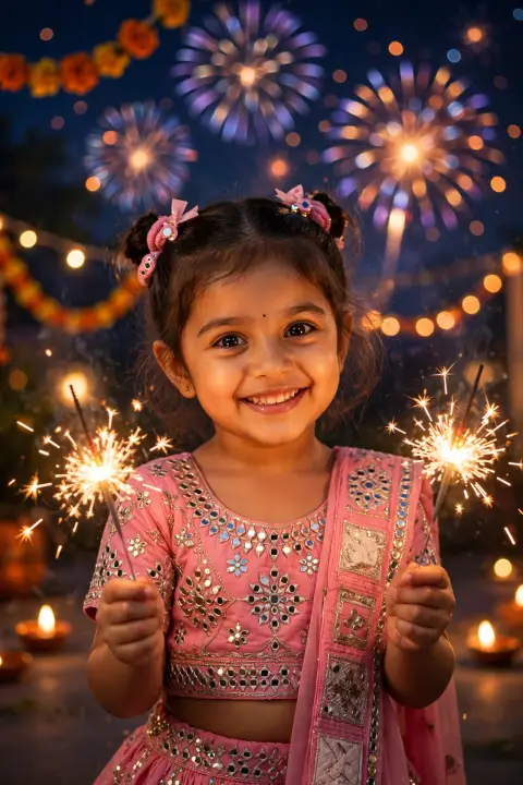 Diwali Kid Portrait Pink Lehenga