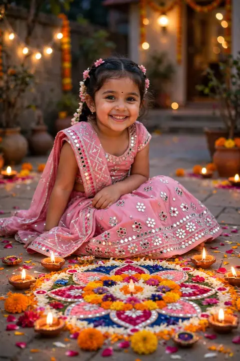 Diwali Kid Portrait Pink Lehenga