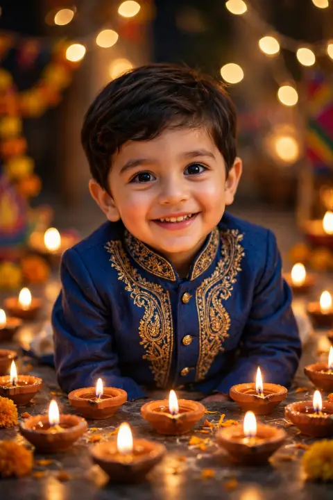 Diwali Kid Portrait Blue Sherwani