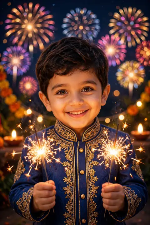 Diwali Kid Portrait Blue Sherwani