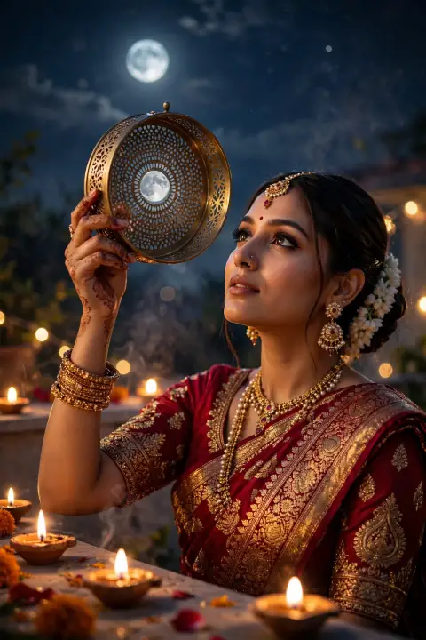 Karva Chauth Deep Red Bridal Saree Portrait