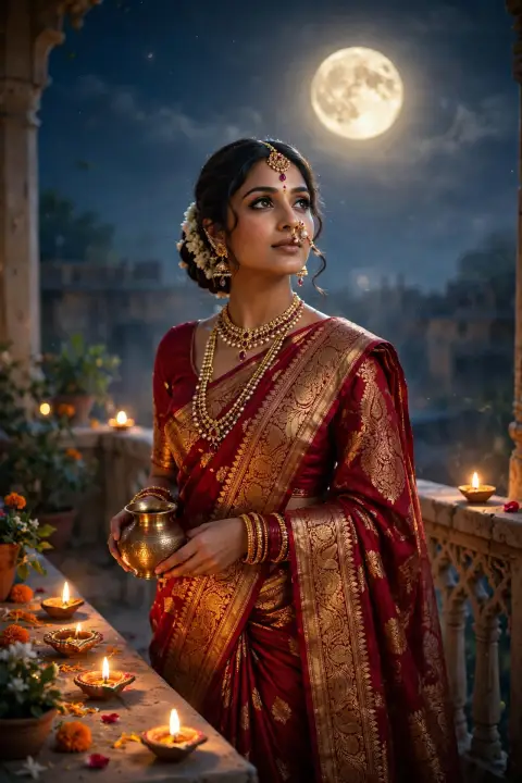 Karva Chauth Deep Red Bridal Saree Portrait