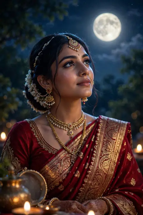 Karva Chauth Deep Red Bridal Saree Portrait