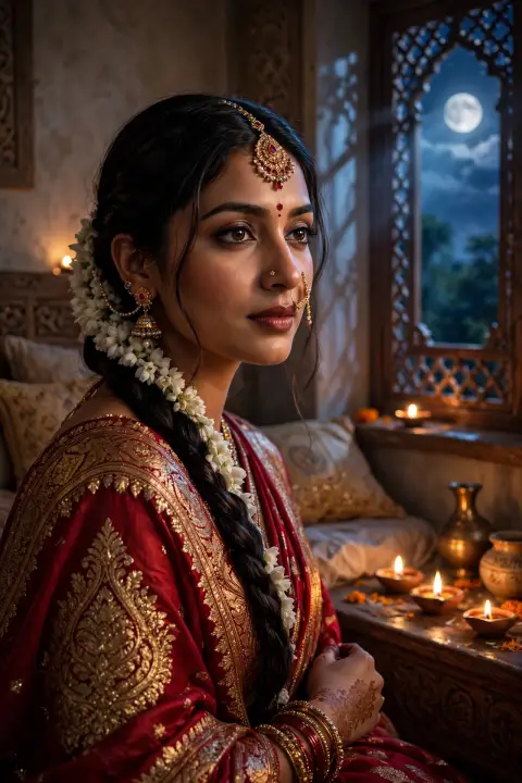 Karva Chauth Deep Red Bridal Saree Portrait