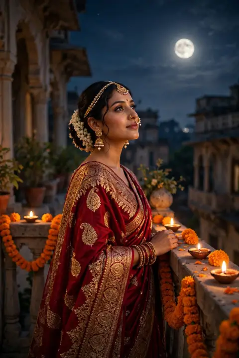 Karva Chauth Deep Red Bridal Saree Portrait