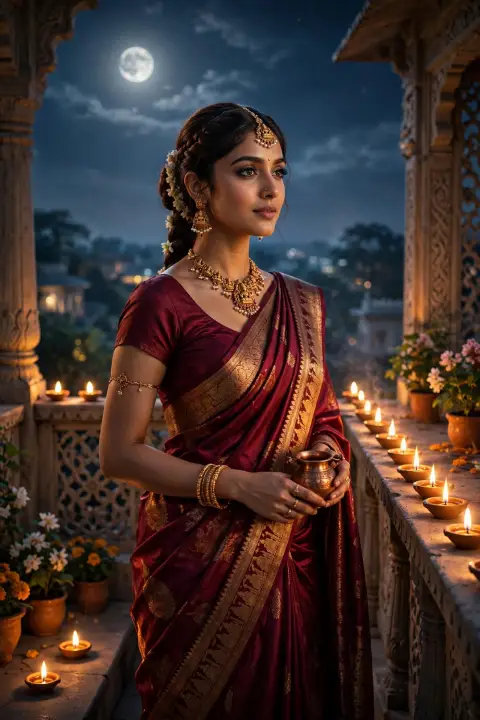 Karva Chauth Maroon Silk Saree Portrait