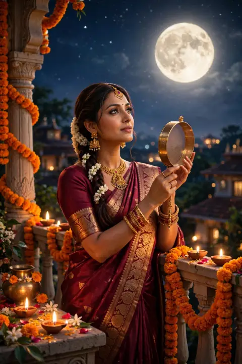 Karva Chauth Maroon Silk Saree Portrait