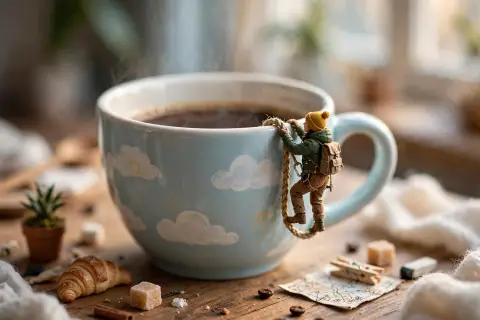 Tiny Person Climbing a Coffee Cup