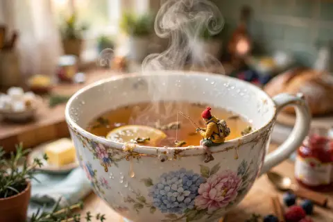 Tiny Person Fishing from a Teacup