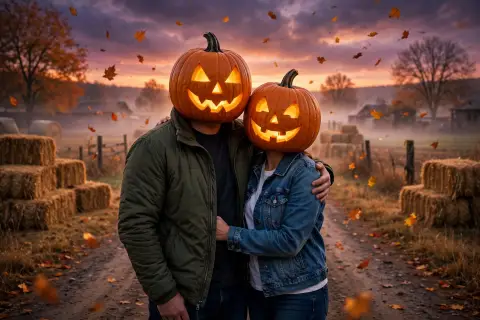 Pumpkin Head Couple Autumn