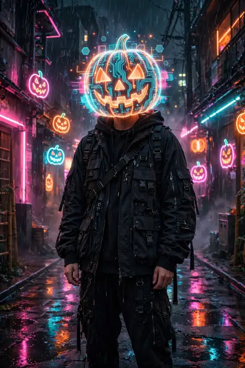 Pumpkin Head Cyberpunk Neon