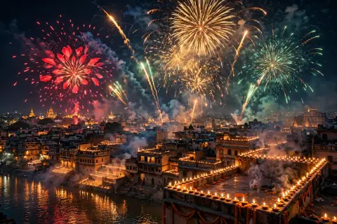 AI Video Diwali Fireworks Skyline