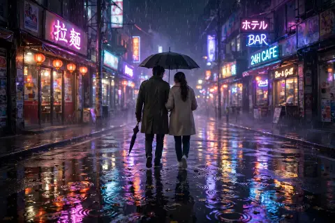 AI Video Couple Walking Rain
