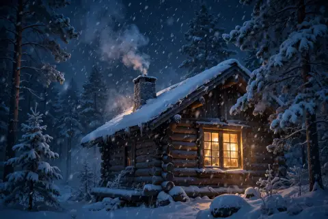 AI Video Snow Falling Cabin