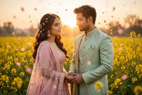 Couple Lehenga Sherwani Sunset