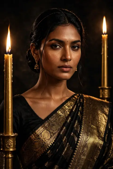 Black Saree Gold Candles