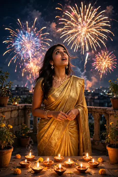 Candlelight Saree Fireworks Sky