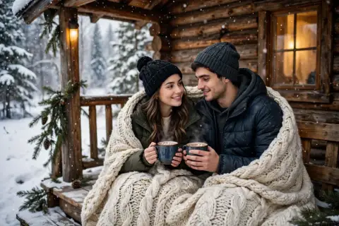 Snowy Cabin Porch Couple
